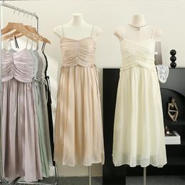 Casual Dresses Summer Solid Folds Draw String Camis Midi Dress Girls Elegant Stretchy Back Slim Long For Women