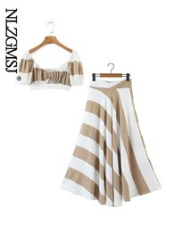 Pants Nlzgmsj 2023 Summer Skirts Sets for Women Striped Printed Crop Tops Long Skirt Fashion Elegant Evening Night Party Matching Sets