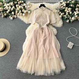 Basic Casual Dresses Fashion Summer Celebrity Lace Openwork Embroidered A-line Dress Women's Round Neck Short Sleeve Mesh Party Clothes Vestidos 2023