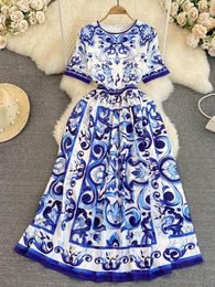 Suits Banulin Fashion Designer Summer Dress Women Oneck Short Sleeve Blue and White Porcelain Print High Waist Midi Vacation Dress