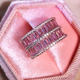 Cluster Rings Fashion Double Pink Crystal Full Diamond Couple Ring For Women Geometric Circle Plated Christmas Gift Party Jewellery Wholesal