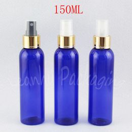 Storage Bottles 150ML Blue Plastic Bottle With Gold Spray Pump 150CC Makeup Water / Toner Sub-bottling Empty Cosmetic Container