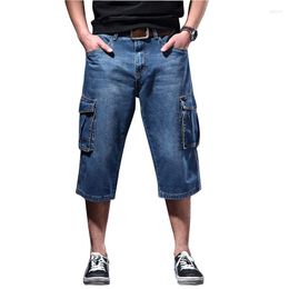 Men's Shorts Mcikkny Men Caro Baggy Casual Denim Multi Pockets Streetwear Loose Jeans Blue