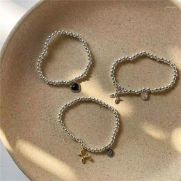 Charm Bracelets Trendy Black Onyx Heart Silver Colour For Women Korean Cute Dog String Of Beads Bracelet Party Accessories Friends Gift
