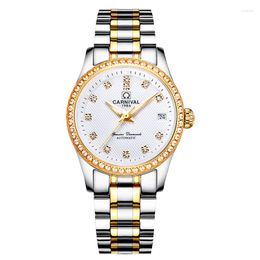 Wristwatches Carnival Women Automatic Watch Rhinestone Date Luxury Mechanical Dress Steel Band