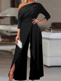 Capris Elegant Jumpsuits for Women 2023 Spring New Sexy Slit Ruched Cold Shoulder Wide Leg Jumpsuit Office Lady Party Black Jumpsuit