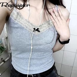 Pants Rapcopter Y2k Bow Knitted Crop Top Lace V Neck Mini Vest Women Cute Basic Camis Haruku Grey Sweats Chic Aesthetic Korean Tee