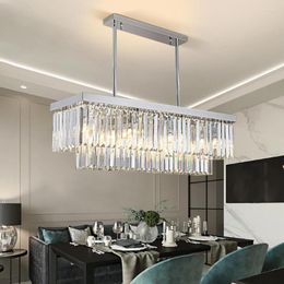 Chandeliers Rectangle Chrome/Gold Chandelier For Dining Room Bedroom Led Crystal Kitchen Lustre Luxury Hanging Lamp Modern Silver Light 2023