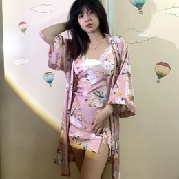 Women's Sleepwear Lace Patchwork Silk Satin Nightgown Women Sexy Print Flower Pyjamas Casual Bathrobe Gown Lingerie Spaghetti Strap