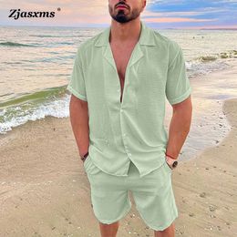 Mens Tracksuits Summer Short Sleeve Button Shirt And Pockets Pant Men Casual Loose Two Piece Suit Beach Holiday Cotton Linen Sets 230707