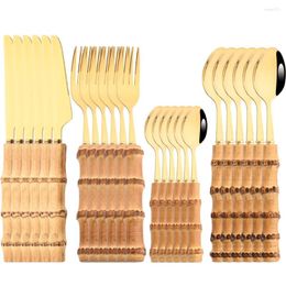 Dinnerware Sets 24Pcs Vintage Brown Gold Cutlery Natural Bamboo Handle Western Kitchen Flatware Set Knife Fork Spoon Tableware