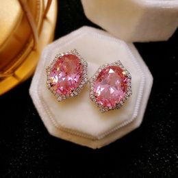 Stud Earrings Temperament Pink Tourmaline Glitter Diamond Color Jewel Zircon Female Celebrity Wind Ear Jewelry