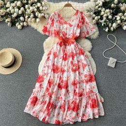 Party Dresses Seaside Vacation Style Dress French High-End Printed Chiffon Temperament Women Summer Ruffle Slim Flare Sleeve Long Z1394