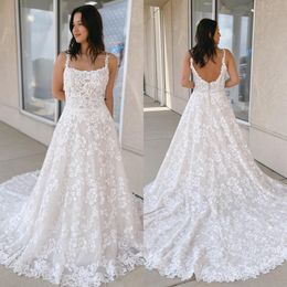 Celestial-inspired Lace Wedding Dress 2024 Chapel Train Bridal Rehearsal Reception Engagement Party Night Dance Gown Winter Bride Boho Square Neck Scoop Back