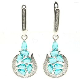 Dangle Earrings 38x13mm Delicate Fine Cut Rich Blue Aquamarine White CZ Woman's Silver