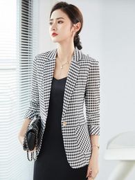 Women's Suits Women Black White Plaid Blazer Jacket Spring Summer Fashion Elegant Casual Office Three Quarter Sleeve Suit Tops 2023 Classics