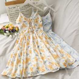 Casual Dresses Summer Floral Print Short Dress Women Sleeveless Backless Spaghetti Strap Ladies Bandage Seaside Beach Mini Vestidos