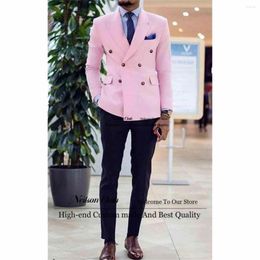 Men's Suits Pink Men Peaked Lapel Double Breasted Groom Wedding Tuxedos 2 Pieces Sets Male Prom Blazers Formal Slim Fit Costume Homme