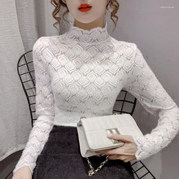 Women's Blouses Women Turtleneck Lace Tops Spring Autumn Winter Long Sleeve Blouse Korean Fashion Elegant Office Ladies Black White Beige