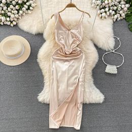 Casual Dresses Summer V-Neck Camis Midi Dress Women Elegant Sleeveless Split Waist Thin Solid Plaid Long Bodycon
