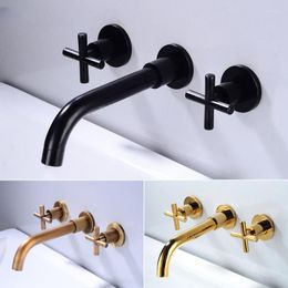 Bathroom Sink Faucets Double Handle Three Hole Faucet All Copper Embedded Wall Mounted Cold And Basin