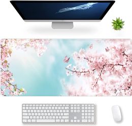 Extended Large Gaming Mouse Pad Dreamy Romantic Pink Sakura Butterflies XXL Size Keyboard Mouse Mat Desk Pad 35.4 x 15.7inch