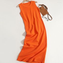 Casual Dresses Summer Knitted Orange O-Neck Sleeveless Midi Tank Dress Girls Elegant Hollow Out Slim Long Loose For Women