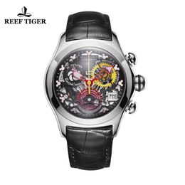 Reef Tiger/RT Fashion Sport Watches Women Steel Skeleton Analog Watches Genuine Leather Strap Waterproof Watches RGA7181