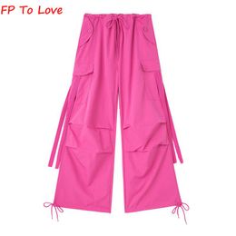 Pants Y2k Pocket Cargo Pants Woman Loose Trousers Wide Leg Hot Pink Sashes Belt Campus Pb&za Female Yellow Red Grey Black