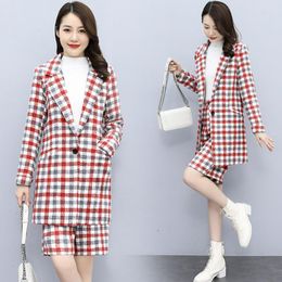Women's Tracksuits Spring And Summer Office Lady Long Blazer Jacket Shorts Suit Sets Women Casual Plaid Two Piece Womens Outifits