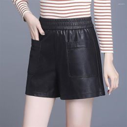 Women's Shorts Spring Autumn Black PU Leather Elasticity High Waist Wide Leg For Women Elegant Female Short Pants 4XL Y76