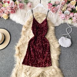 Casual Dresses Women Dress Summer Thin Shiny Sequin Spaghetti Strap Solid Color V-Neck Sleeveless A-Line Mini Slip Party Club Wear