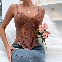 Women's Tanks Brown Rose Pattern Lace Sexy Corset Top Women 2023 Aesthetic Y2K Camis Backless Tank Club Party Summer Outfits Underwear