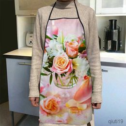 Kitchen Apron Custom Pink Roses Flower Aprons Home Cleaning Aprons Kitchen Accessories For Men Women 50x75cm 68x95cm R230710