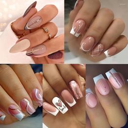 False Nails 5 Boxes(120Pcs) Long Square Press On Pink French Style Nail Artificial Glitter Finger Manicure Reusable Fake