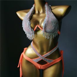 Women's Swimwear vacation diamond tassels swimwear sexy bikini set bling stones bathing suit women beachwear 230707