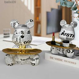 Decorative Objects Figurines Graffiti Bear Statue Nordic Home Decor Living Room Table Snacks Keys Storage Tray Decoration Figurine T230710