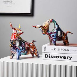 Decorative Objects Modern Art Graffiti Cow Miniature Ornament Figurines for Interior Home Living Room Decor Desk Accessories Statues and Sculptures T230710