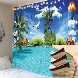 Tapestries Ocean Tapestry Wall Hanging Sun Sunset Sea Beach Landscape Art Window Tapestries for Bedroom Living Room Home Decor R230710