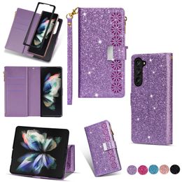 Capas multifuncionais com zíper para Samsung Galaxy Z Fold 5 4 3 Fold4 ZFold5 Carteira de couro Bling Glitter Cover Slot para cartão Bolso Renda Flor Luxo Sparkle Folding Pouch