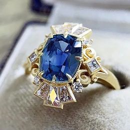 Huitan Luxury Gold Colour Blue Cubic Zirconia Lady Rings for Vintage Party Temperament Elegant Women Finger-ring Anniversary Gift