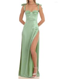 Party Dresses Sexy Strapless Sweatheart Ruched Padded Satin Maxi Dress Side Split Tie Up Spaghetti Sleeveless Cocktail Gown