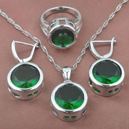 Necklace Earrings Set Women's Wedding Round Green Zirconia Pendant Rings 925 Silver And Top Jewellry TZ0370