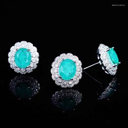 Necklace Earrings Set Fashion Oval Paraiba Jewelry Charm Flower Adjustable Rings Delicate Silver Stud For Women Wedding Anniversary Gift