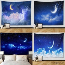 Tapestries Starry Moon Tapestry Hanging Blue Starry Night Galaxy Universe Wall Tapestry for Bedroom Wall Customizable R230710