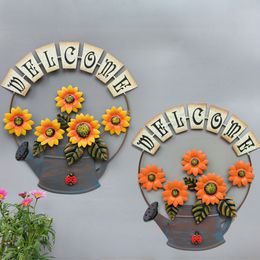 Decorative Flowers Metal Sunflower Welcome Sign Garland Hanging Front Door Decor Creative Living Room Wall Fence Decoration