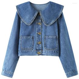 Women's Jackets Spring And Autumn Denim Jacket Fashion Long Sleeve Doll Neck Pocket Top Korean Button Casual Loose Coat 2023