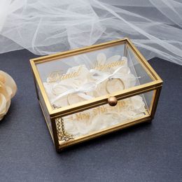 Packaging Boxes Personalised Wedding Ring Box Custom Glass Ring Holder Jewellery Organiser Box Customised Names and Date for Engagement Marriage 230710