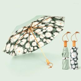 Umbrellas Sunny And Rainny Umbrella Luxury Three-folding Green Double Layer Coating Camellia Elegant Cooling Sun Block