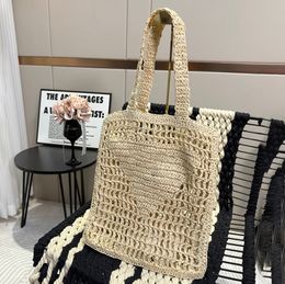 Woman Black Natural Crochet Tote Bags Embroidered Letter Logo Bag Fashion Woven Handles 36x38 cm Fabric Shop Handbag Summer